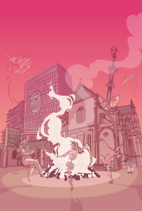 Illustration d'esprits dansant autour d'un feu de joie sur la place Saint Anne de Rennes