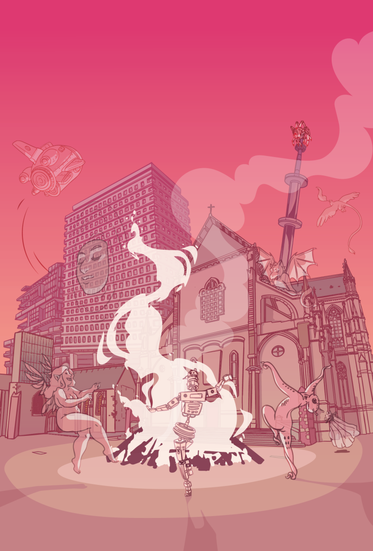 Illustration d'esprits dansant autour d'un feu de joie sur la place Saint Anne de Rennes
