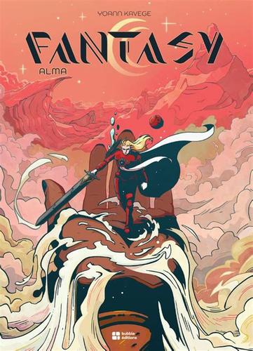 Une guerrière en armure rouge et cape noire se tient devout au creux d'une main géante de pierre qui émerge de vague écumantes. Le décor est un paysage de montagnes déchiquetées sous un ciel orangé apocalyptique. Le titre "Fantasy" est écrit en noir dans une écriture futuriste.