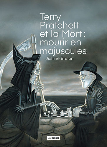 Illustration de la Mort, avec sa faux et sa longue robe noire à capuche. Il joue aux échec avec Terry Pratchett.